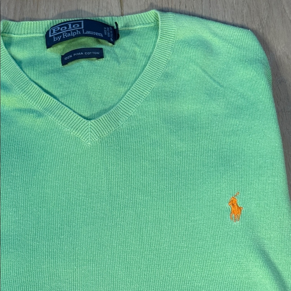Polo Ralph Lauren Vintage Lime Green Orange Pony Pima Cotton V Pullover Sz L - Picture 7 of 7